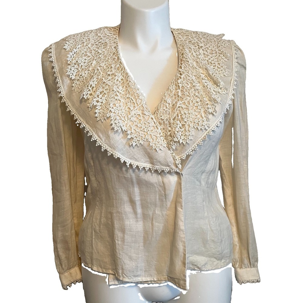 VTG 80s Victorian Revival Linen Blouse Sz 12 (Med) Edwardian Statement Poetcore - Picture 2 of 12
